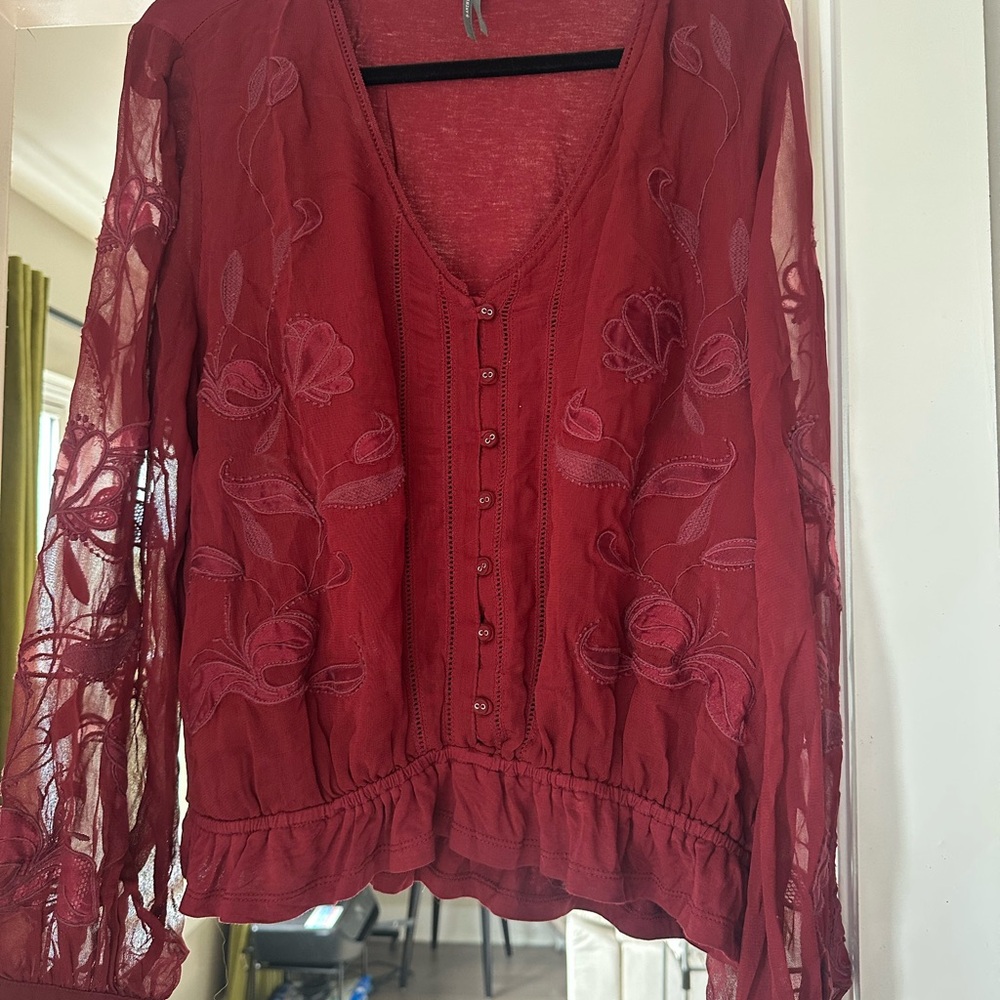 Anthropologie Maroon Ref Lace Embroidered Women's long sleeve top- L